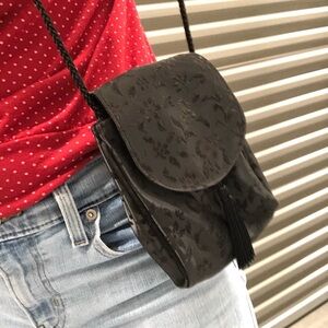 Vintage Avon 1998 Black floral velvet accent crossbody bag with tassel